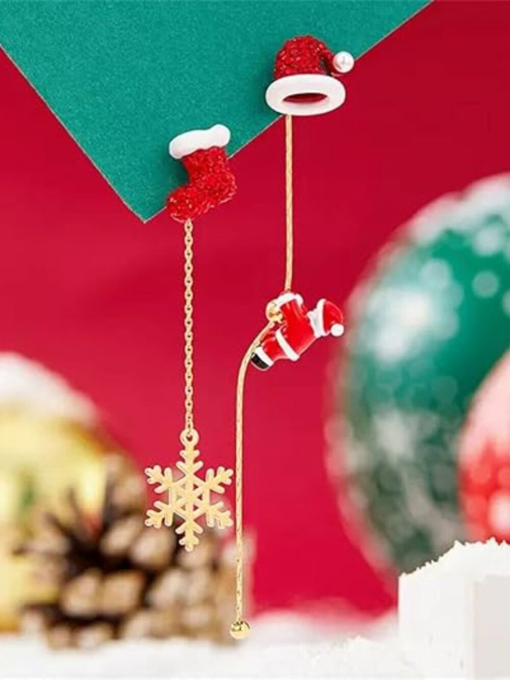 Christmas Earrings for Women Girls 14K Gold Snowflake Slidable Santa Claus Threa